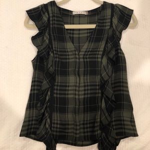 Alice and Olivia Green and Black Checked Blouse